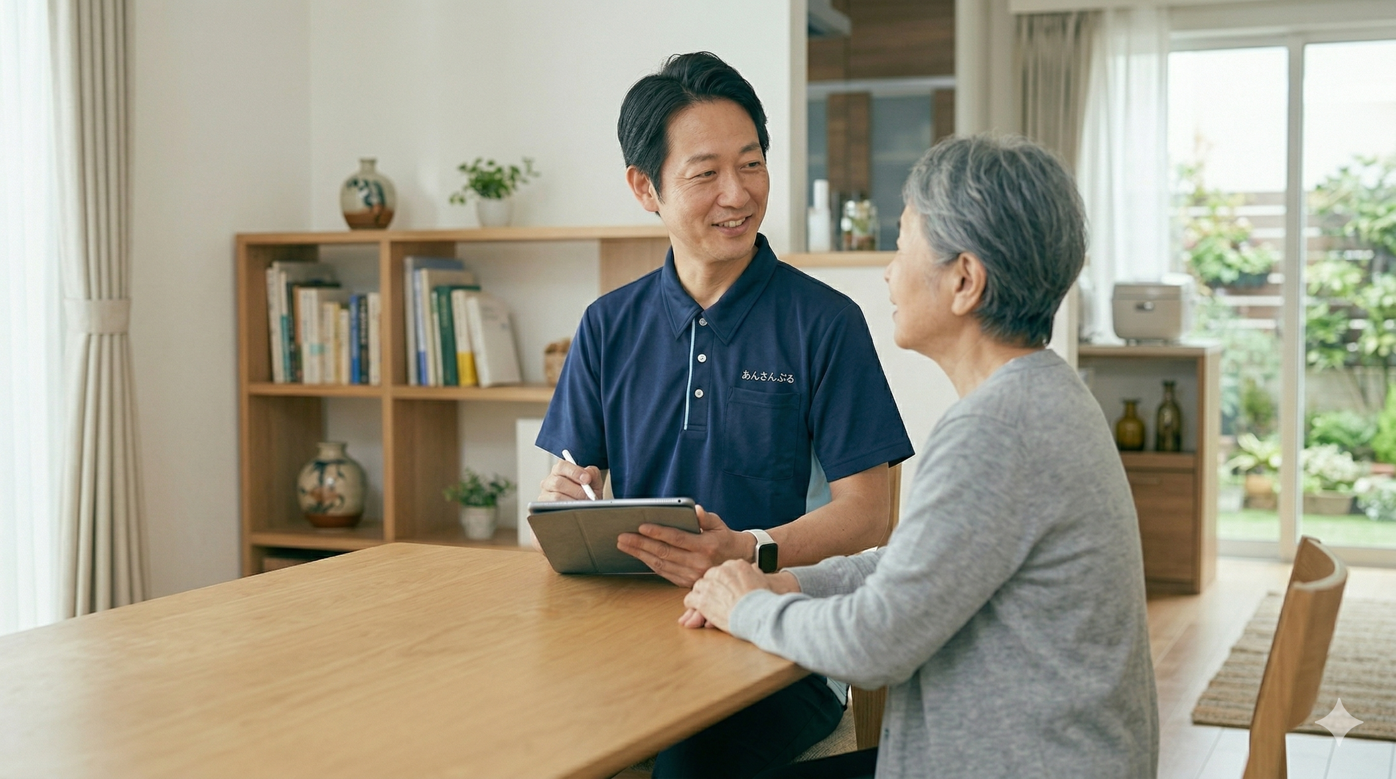 訪問介護スタッフとご利用者さんがご自宅でお話ししている様子
